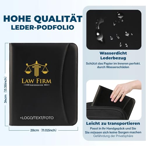 ENOMY Konferenzmappe A4 personalisiert Leder mit Reißverschluss, Dokumentenmappe Organizer Schreibmappe Portfolio Mappe mit Logo Bild, Business Bewerbungsmappe für Büro Meeting Reise Schwarz (Schwarz)