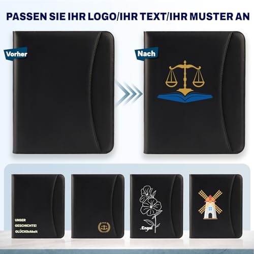 ENOMY Konferenzmappe A4 personalisiert Leder mit Reißverschluss, Dokumentenmappe Organizer Schreibmappe Portfolio Mappe mit Logo Bild, Business Bewerbungsmappe für Büro Meeting Reise Schwarz (Schwarz)