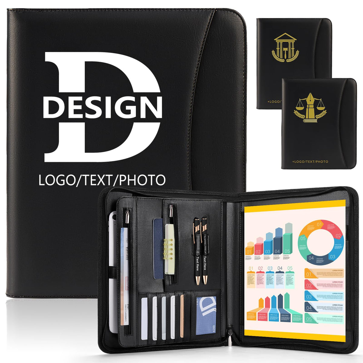ENOMY Konferenzmappe A4 personalisiert Leder mit Reißverschluss, Dokumentenmappe Organizer Schreibmappe Portfolio Mappe mit Logo Bild, Business Bewerbungsmappe für Büro Meeting Reise Schwarz (Schwarz)