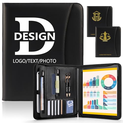 ENOMY Konferenzmappe A4 personalisiert Leder mit Reißverschluss, Dokumentenmappe Organizer Schreibmappe Portfolio Mappe mit Logo Bild, Business Bewerbungsmappe für Büro Meeting Reise Schwarz (Schwarz)