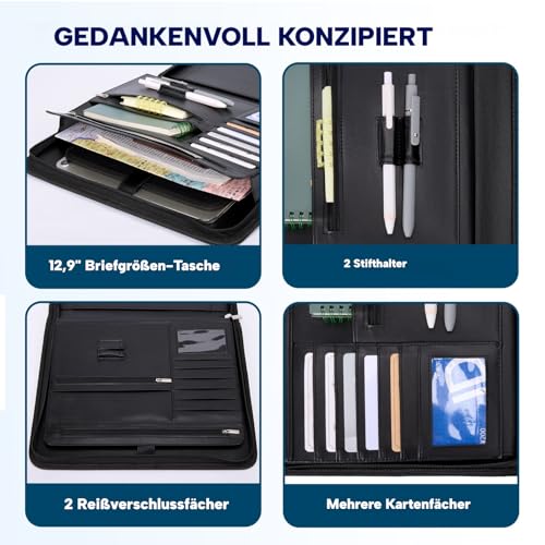 ENOMY Konferenzmappe A4 personalisiert Leder mit Reißverschluss, Dokumentenmappe Organizer Schreibmappe Portfolio Mappe mit Logo Bild, Business Bewerbungsmappe für Büro Meeting Reise Schwarz (Schwarz)