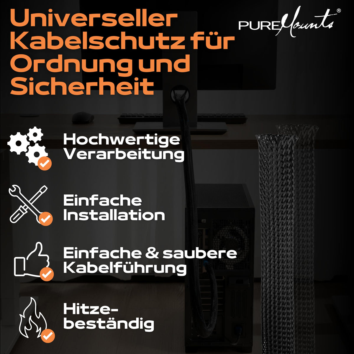 PureMounts PM-SOCKS-85B-50 Universeller Polyester-Kabelschlauch, selbst zusammenziehend mit Klettverschluss, Ø 85mm, Rolle 50m, schwarz