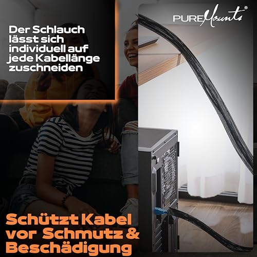 PureMounts PM-SOCKS-85B-50 Universeller Polyester-Kabelschlauch, selbst zusammenziehend mit Klettverschluss, Ø 85mm, Rolle 50m, schwarz