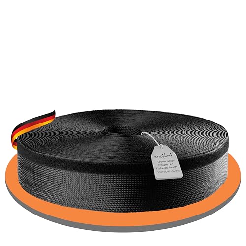 PureMounts PM-SOCKS-85B-50 Universeller Polyester-Kabelschlauch, selbst zusammenziehend mit Klettverschluss, Ø 85mm, Rolle 50m, schwarz