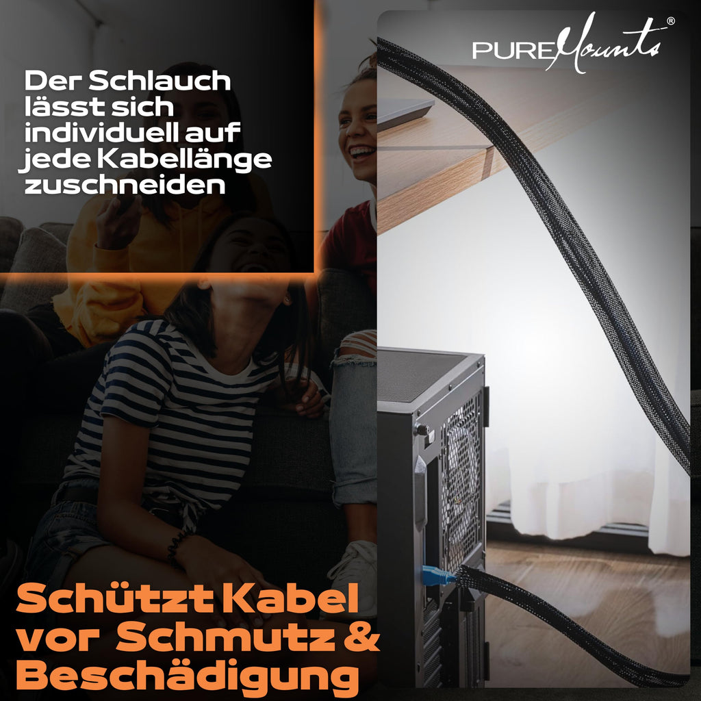 PureMounts PM-SOCKS-85B-50 Universeller Polyester-Kabelschlauch, selbst zusammenziehend mit Klettverschluss, Ø 85mm, Rolle 50m, schwarz