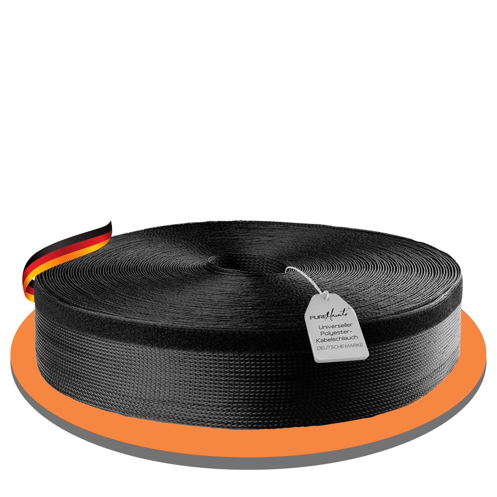 PureMounts PM-SOCKS-85B-50 Universeller Polyester-Kabelschlauch, selbst zusammenziehend mit Klettverschluss, Ø 85mm, Rolle 50m, schwarz