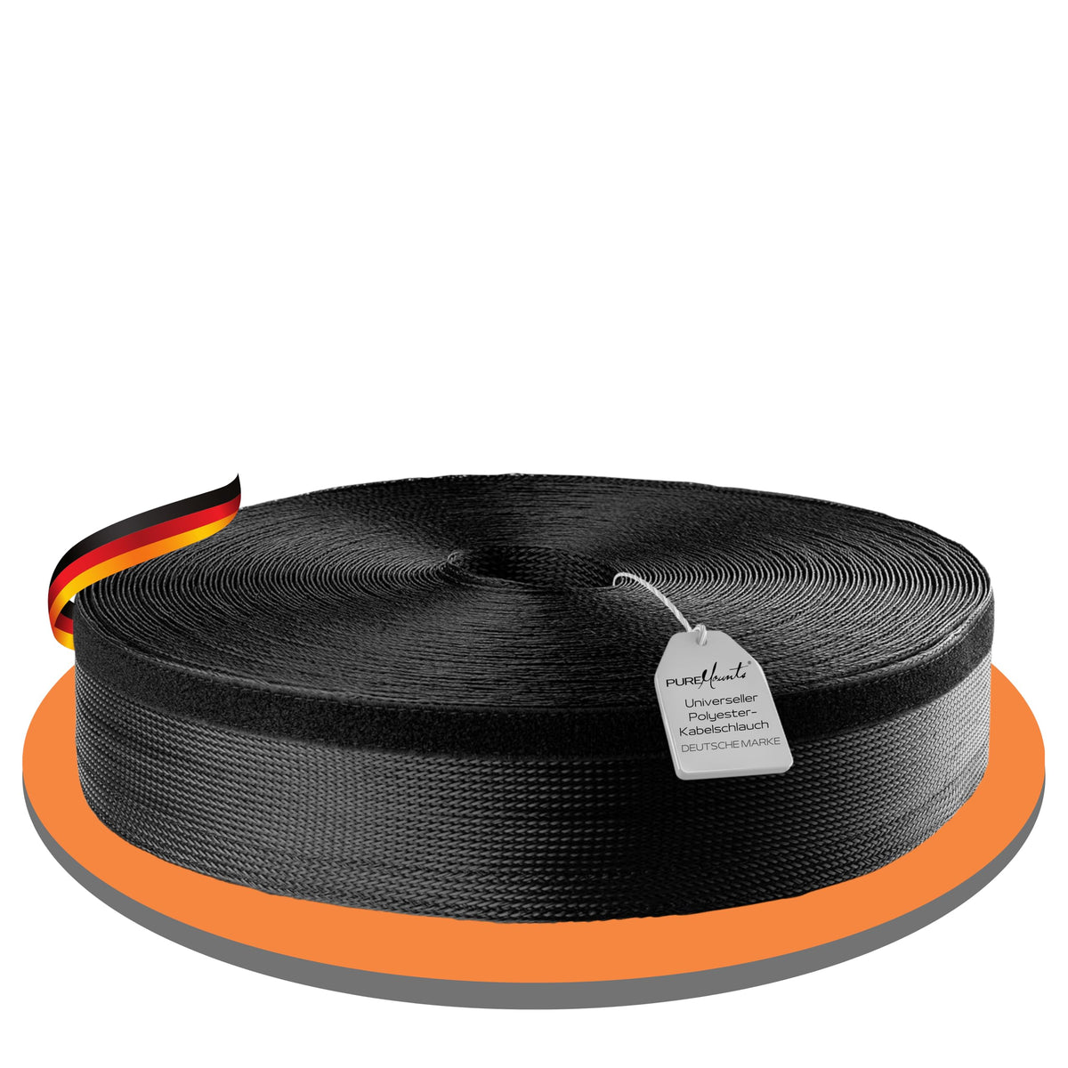 PureMounts PM-SOCKS-85B-50 Universeller Polyester-Kabelschlauch, selbst zusammenziehend mit Klettverschluss, Ø 85mm, Rolle 50m, schwarz