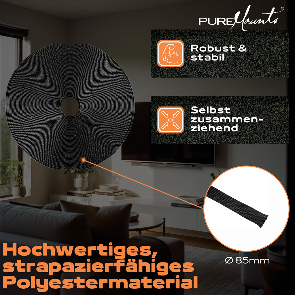 PureMounts PM-SOCKS-85B-50 Universeller Polyester-Kabelschlauch, selbst zusammenziehend mit Klettverschluss, Ø 85mm, Rolle 50m, schwarz