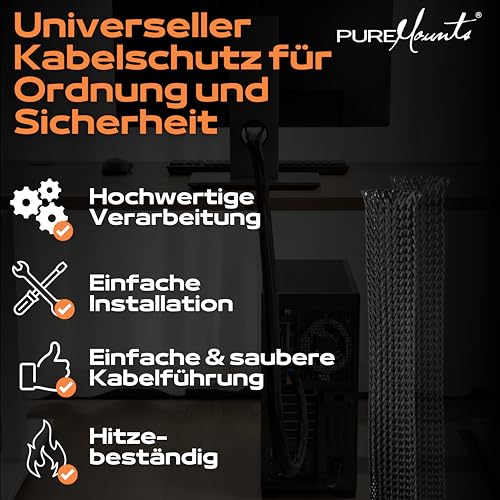 PureMounts PM-SOCKS-85B-50 Universeller Polyester-Kabelschlauch, selbst zusammenziehend mit Klettverschluss, Ø 85mm, Rolle 50m, schwarz