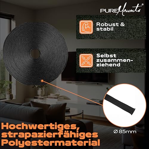 PureMounts PM-SOCKS-85B-50 Universeller Polyester-Kabelschlauch, selbst zusammenziehend mit Klettverschluss, Ø 85mm, Rolle 50m, schwarz