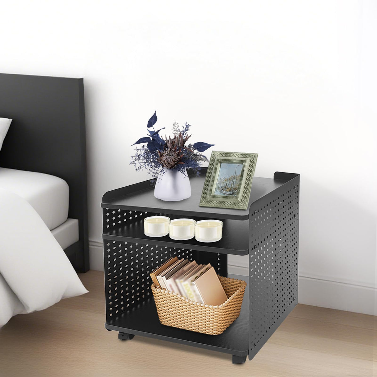 Drucker Tisch mit Rädern, Mobiler Druckerhalter mit Pegboard 3 Ebene Druckerständer/Rollcontainer mit Organizer Regal Aktenschrank für Büro Zuhause 50 * 39 * 50cm (Schwarz)