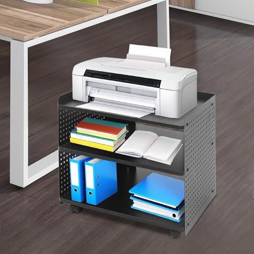 Drucker Tisch mit Rädern, Mobiler Druckerhalter mit Pegboard 3 Ebene Druckerständer/Rollcontainer mit Organizer Regal Aktenschrank für Büro Zuhause 50 * 39 * 50cm (Schwarz)