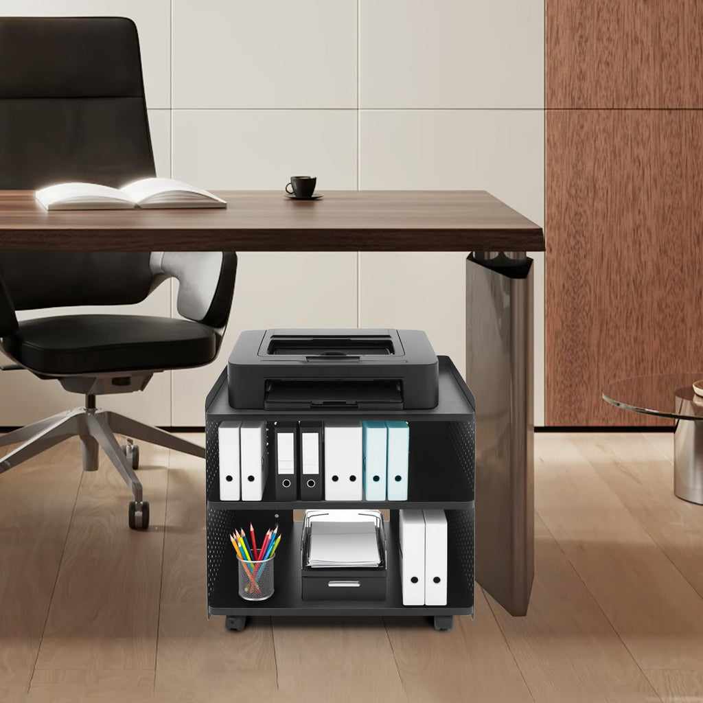 Drucker Tisch mit Rädern, Mobiler Druckerhalter mit Pegboard 3 Ebene Druckerständer/Rollcontainer mit Organizer Regal Aktenschrank für Büro Zuhause 50 * 39 * 50cm (Schwarz)