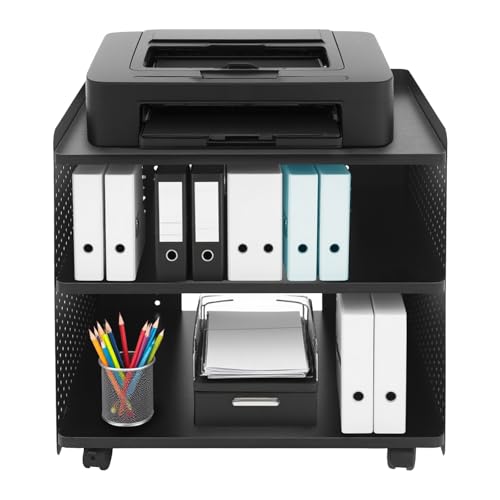 Drucker Tisch mit Rädern, Mobiler Druckerhalter mit Pegboard 3 Ebene Druckerständer/Rollcontainer mit Organizer Regal Aktenschrank für Büro Zuhause 50 * 39 * 50cm (Schwarz)