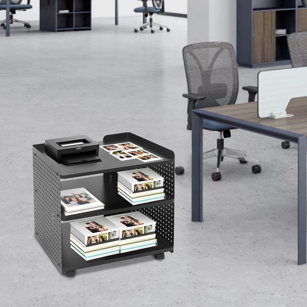 Drucker Tisch mit Rädern, Mobiler Druckerhalter mit Pegboard 3 Ebene Druckerständer/Rollcontainer mit Organizer Regal Aktenschrank für Büro Zuhause 50 * 39 * 50cm (Schwarz)