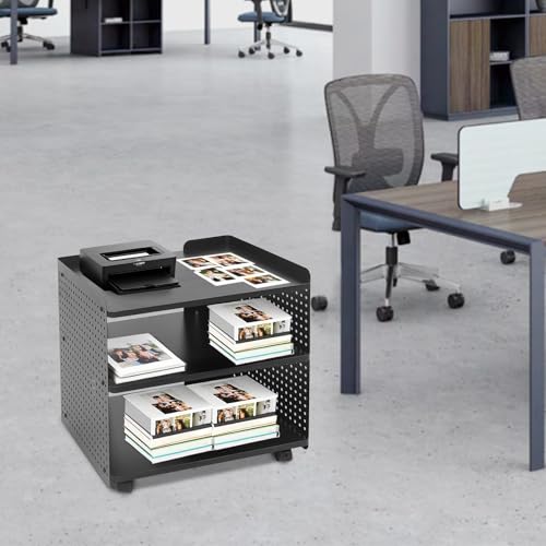 Drucker Tisch mit Rädern, Mobiler Druckerhalter mit Pegboard 3 Ebene Druckerständer/Rollcontainer mit Organizer Regal Aktenschrank für Büro Zuhause 50 * 39 * 50cm (Schwarz)