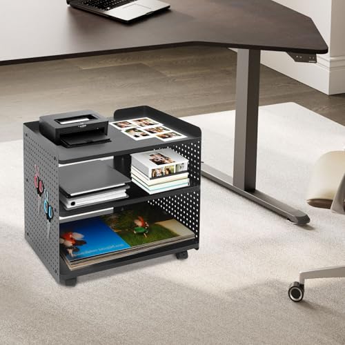 Drucker Tisch mit Rädern, Mobiler Druckerhalter mit Pegboard 3 Ebene Druckerständer/Rollcontainer mit Organizer Regal Aktenschrank für Büro Zuhause 50 * 39 * 50cm (Schwarz)