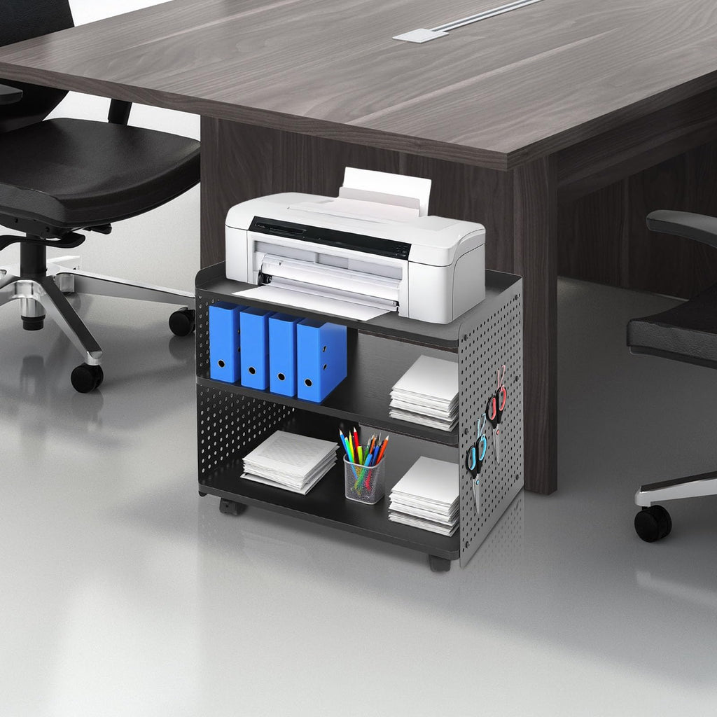 Drucker Tisch mit Rädern, Mobiler Druckerhalter mit Pegboard 3 Ebene Druckerständer/Rollcontainer mit Organizer Regal Aktenschrank für Büro Zuhause 50 * 39 * 50cm (Schwarz)