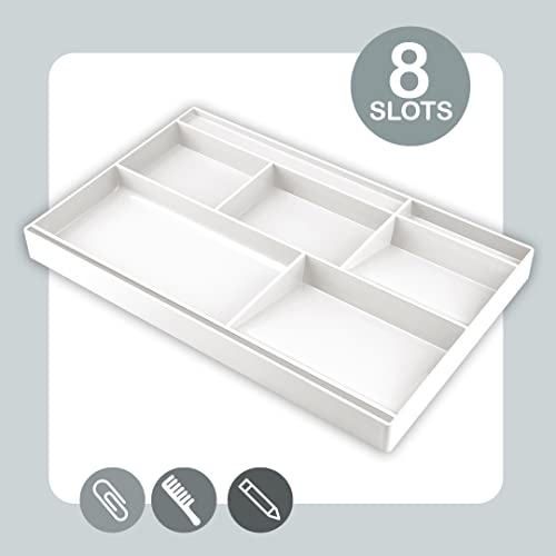 Acrimet Schubladen-Organizer mit 8 Fächern – Vielzweckbox für Bürobedarf, Make-up und Zubehör – Passend für Schubladen oder Tischoberflächen, 32,4 x 20,3 x 2,7 cm (Kunststoff) (Weiß)