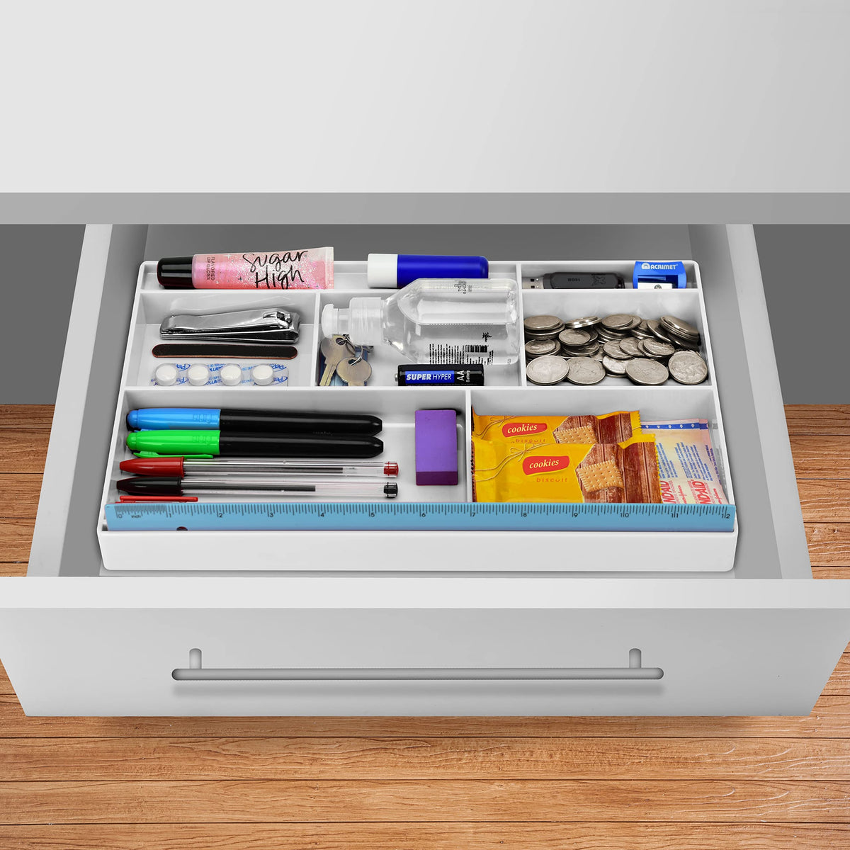 Acrimet Schubladen-Organizer mit 8 Fächern – Vielzweckbox für Bürobedarf, Make-up und Zubehör – Passend für Schubladen oder Tischoberflächen, 32,4 x 20,3 x 2,7 cm (Kunststoff) (Weiß)