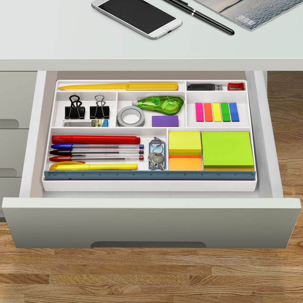 Acrimet Schubladen-Organizer mit 8 Fächern – Vielzweckbox für Bürobedarf, Make-up und Zubehör – Passend für Schubladen oder Tischoberflächen, 32,4 x 20,3 x 2,7 cm (Kunststoff) (Weiß)
