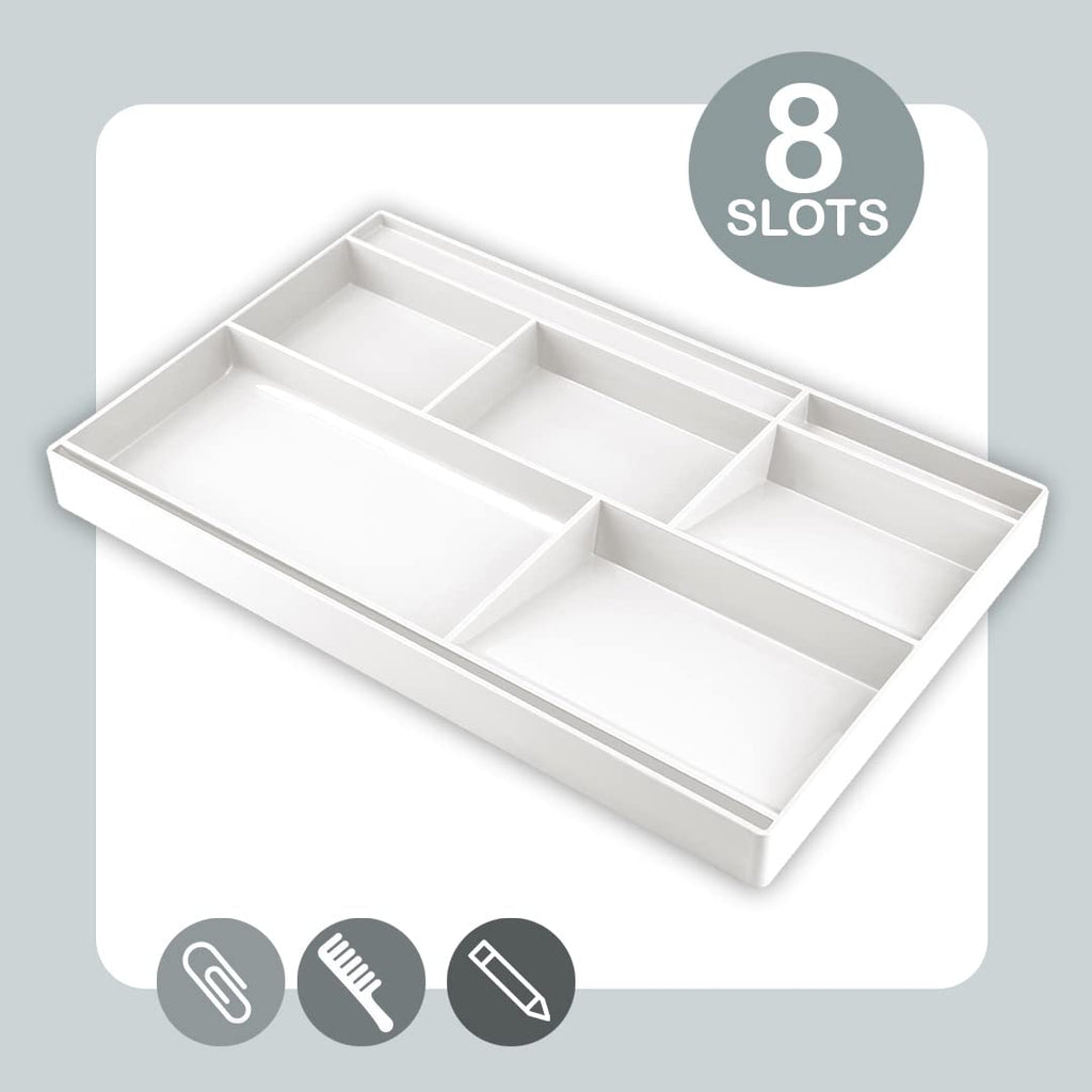 Acrimet Schubladen-Organizer mit 8 Fächern – Vielzweckbox für Bürobedarf, Make-up und Zubehör – Passend für Schubladen oder Tischoberflächen, 32,4 x 20,3 x 2,7 cm (Kunststoff) (Weiß)
