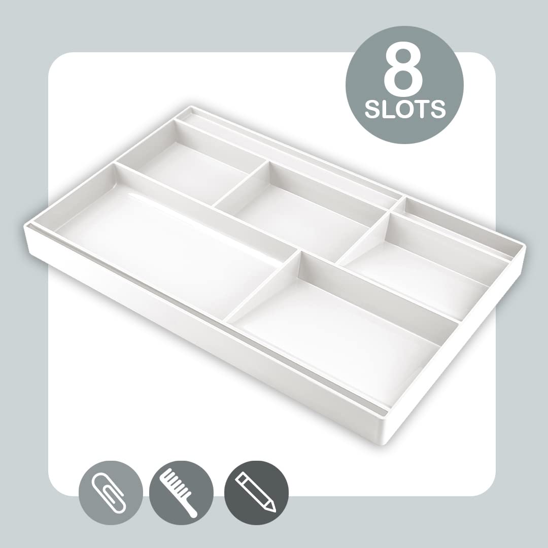 Acrimet Schubladen-Organizer mit 8 Fächern – Vielzweckbox für Bürobedarf, Make-up und Zubehör – Passend für Schubladen oder Tischoberflächen, 32,4 x 20,3 x 2,7 cm (Kunststoff) (Weiß)