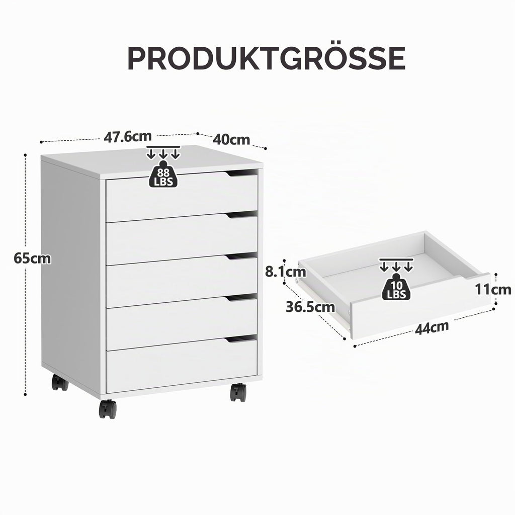 sogesfurniture Rollcontainer, Aktenschrank mit 5 Schubladen, Büroschrank, Schubladenschrank, Kommode Aufbewahrungsschrank, Mehrzweckschrank für Arbeitszimmer, Büro, Weiß