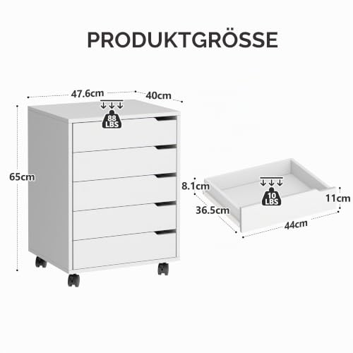 sogesfurniture Rollcontainer, Aktenschrank mit 5 Schubladen, Büroschrank, Schubladenschrank, Kommode Aufbewahrungsschrank, Mehrzweckschrank für Arbeitszimmer, Büro, Weiß