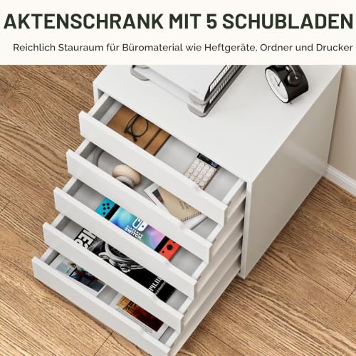 sogesfurniture Rollcontainer, Aktenschrank mit 5 Schubladen, Büroschrank, Schubladenschrank, Kommode Aufbewahrungsschrank, Mehrzweckschrank für Arbeitszimmer, Büro, Weiß