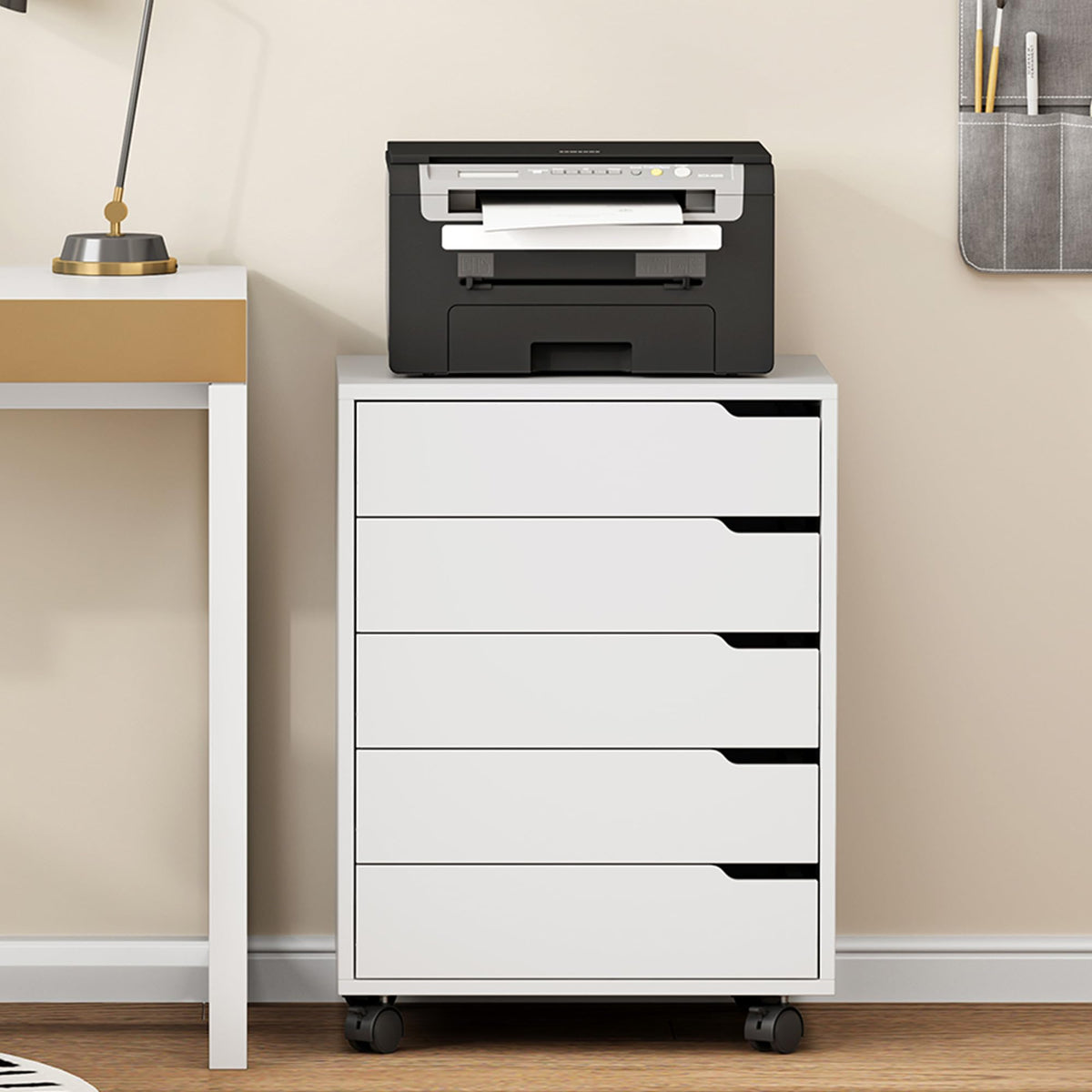 sogesfurniture Rollcontainer, Aktenschrank mit 5 Schubladen, Büroschrank, Schubladenschrank, Kommode Aufbewahrungsschrank, Mehrzweckschrank für Arbeitszimmer, Büro, Weiß