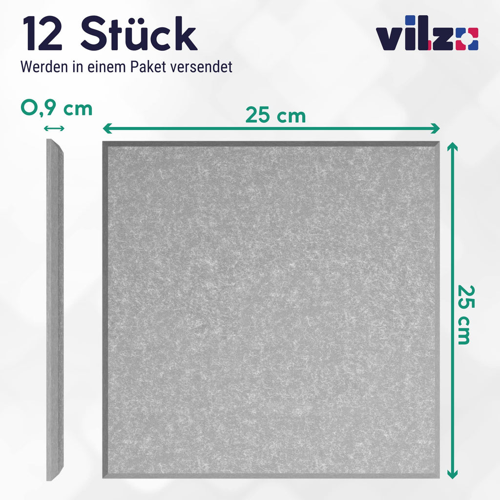 vilz 12 Stück Schallabsorber Panel Akustik aus recyceltem Filz - Akustikplatten Schalldämmung 250x250x9 mm