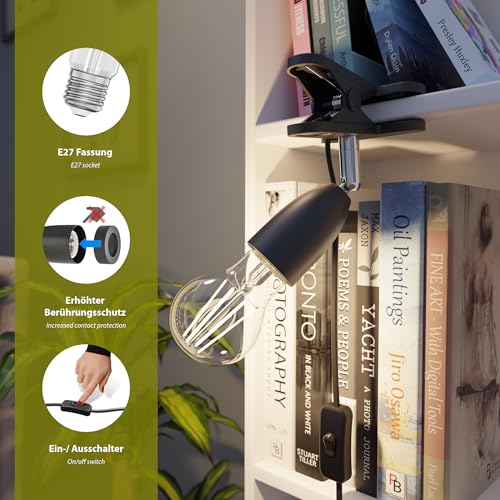 ledscom.de Klemmleuchte LIK, Schalter, schwarz matt, 1x E27 max. 60W