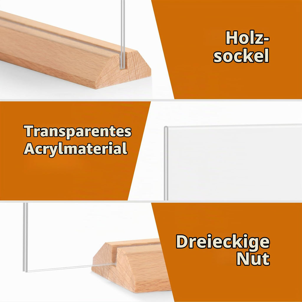 4 Stück Tischaufsteller A4, Holz T Form Acryl Ständer Preisschilder Aufsteller Tischständer für Prospekte Menükarte Werbung Fotorahmen, Kunststoff Foto Bilderrahmen mit Holzfuß für Haus, Büro, Laden