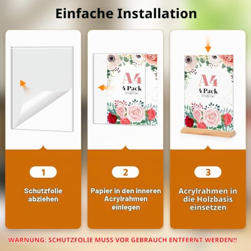 4 Stück Tischaufsteller A4, Holz T Form Acryl Ständer Preisschilder Aufsteller Tischständer für Prospekte Menükarte Werbung Fotorahmen, Kunststoff Foto Bilderrahmen mit Holzfuß für Haus, Büro, Laden