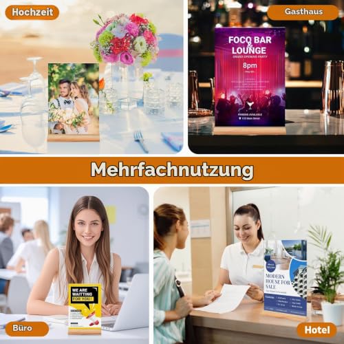 4 Stück Tischaufsteller A4, Holz T Form Acryl Ständer Preisschilder Aufsteller Tischständer für Prospekte Menükarte Werbung Fotorahmen, Kunststoff Foto Bilderrahmen mit Holzfuß für Haus, Büro, Laden