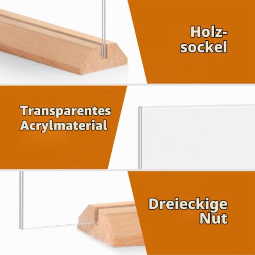4 Stück Tischaufsteller A4, Holz T Form Acryl Ständer Preisschilder Aufsteller Tischständer für Prospekte Menükarte Werbung Fotorahmen, Kunststoff Foto Bilderrahmen mit Holzfuß für Haus, Büro, Laden