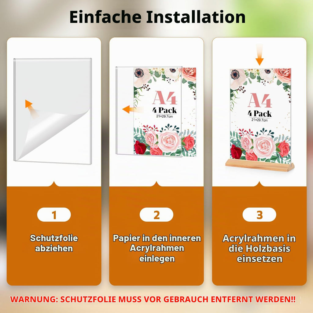 4 Stück Tischaufsteller A4, Holz T Form Acryl Ständer Preisschilder Aufsteller Tischständer für Prospekte Menükarte Werbung Fotorahmen, Kunststoff Foto Bilderrahmen mit Holzfuß für Haus, Büro, Laden