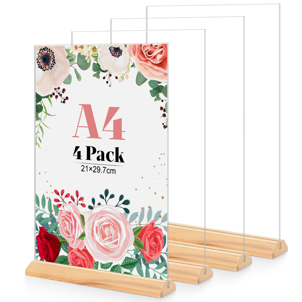 4 Stück Tischaufsteller A4, Holz T Form Acryl Ständer Preisschilder Aufsteller Tischständer für Prospekte Menükarte Werbung Fotorahmen, Kunststoff Foto Bilderrahmen mit Holzfuß für Haus, Büro, Laden