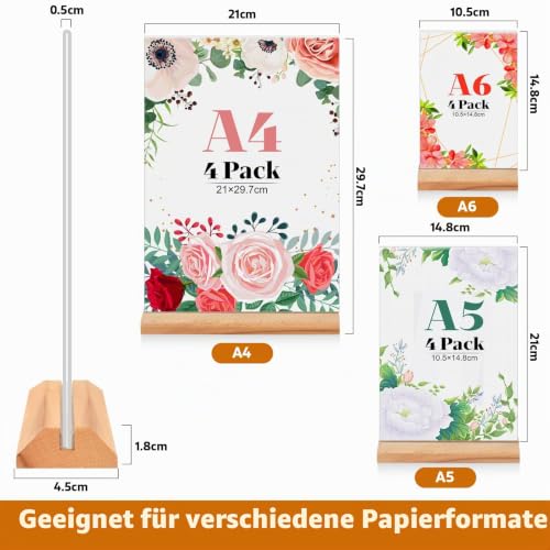 4 Stück Tischaufsteller A4, Holz T Form Acryl Ständer Preisschilder Aufsteller Tischständer für Prospekte Menükarte Werbung Fotorahmen, Kunststoff Foto Bilderrahmen mit Holzfuß für Haus, Büro, Laden