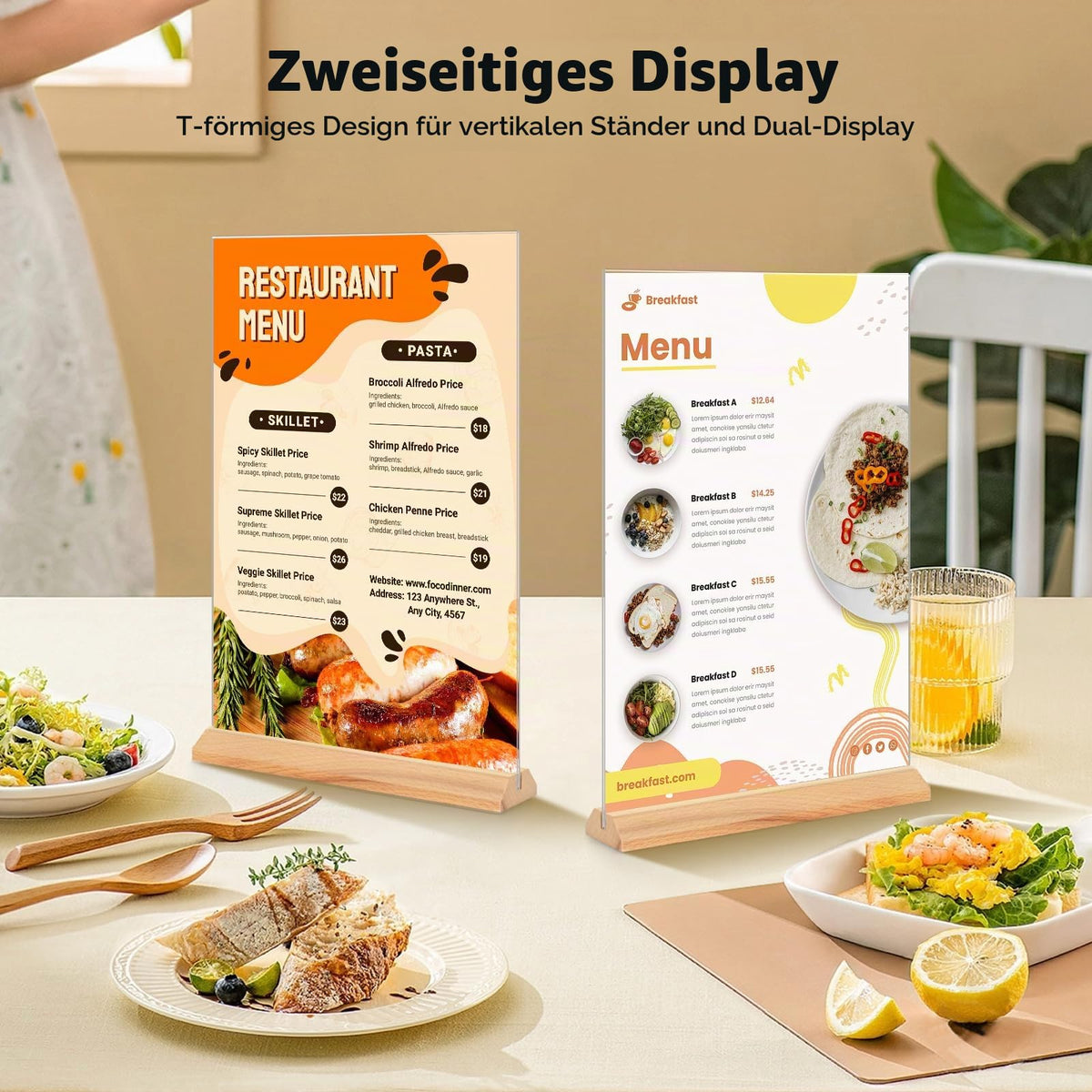 4 Stück Tischaufsteller A4, Holz T Form Acryl Ständer Preisschilder Aufsteller Tischständer für Prospekte Menükarte Werbung Fotorahmen, Kunststoff Foto Bilderrahmen mit Holzfuß für Haus, Büro, Laden