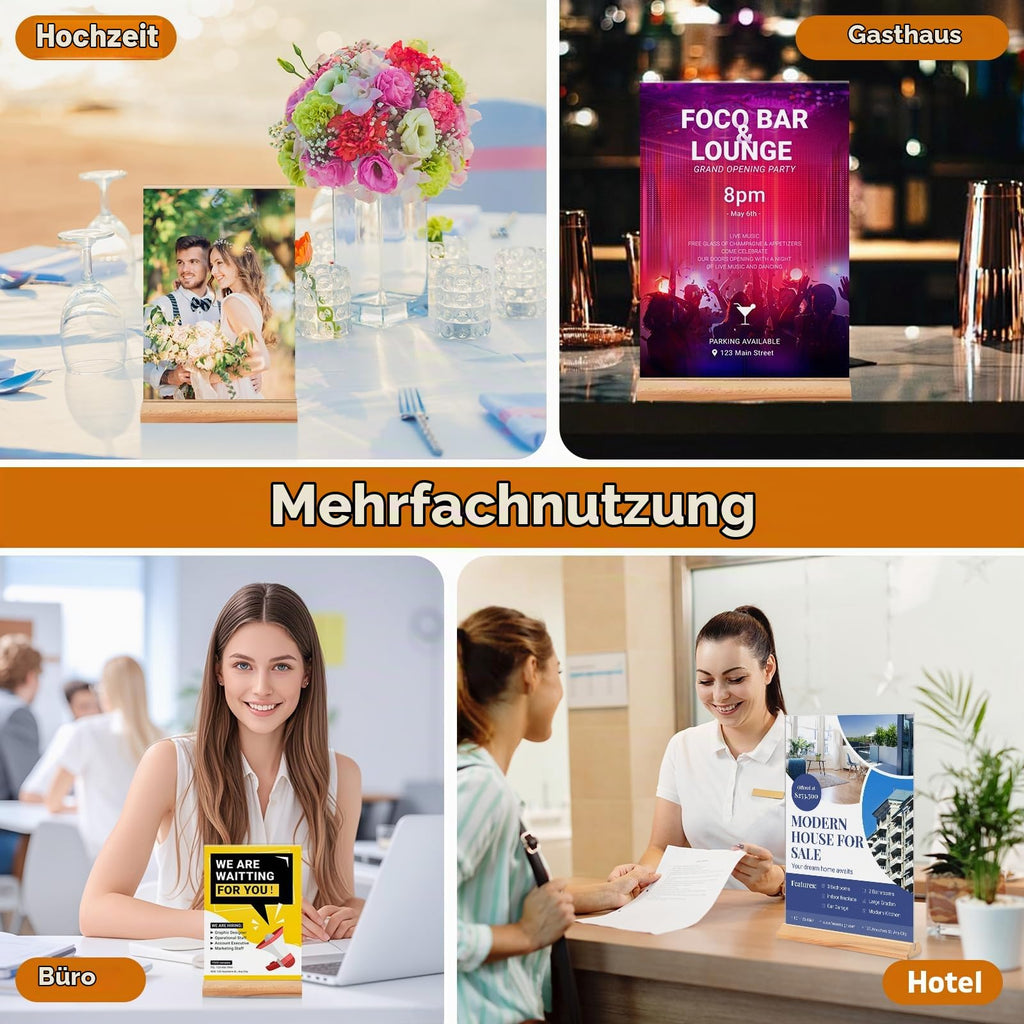 4 Stück Tischaufsteller A4, Holz T Form Acryl Ständer Preisschilder Aufsteller Tischständer für Prospekte Menükarte Werbung Fotorahmen, Kunststoff Foto Bilderrahmen mit Holzfuß für Haus, Büro, Laden