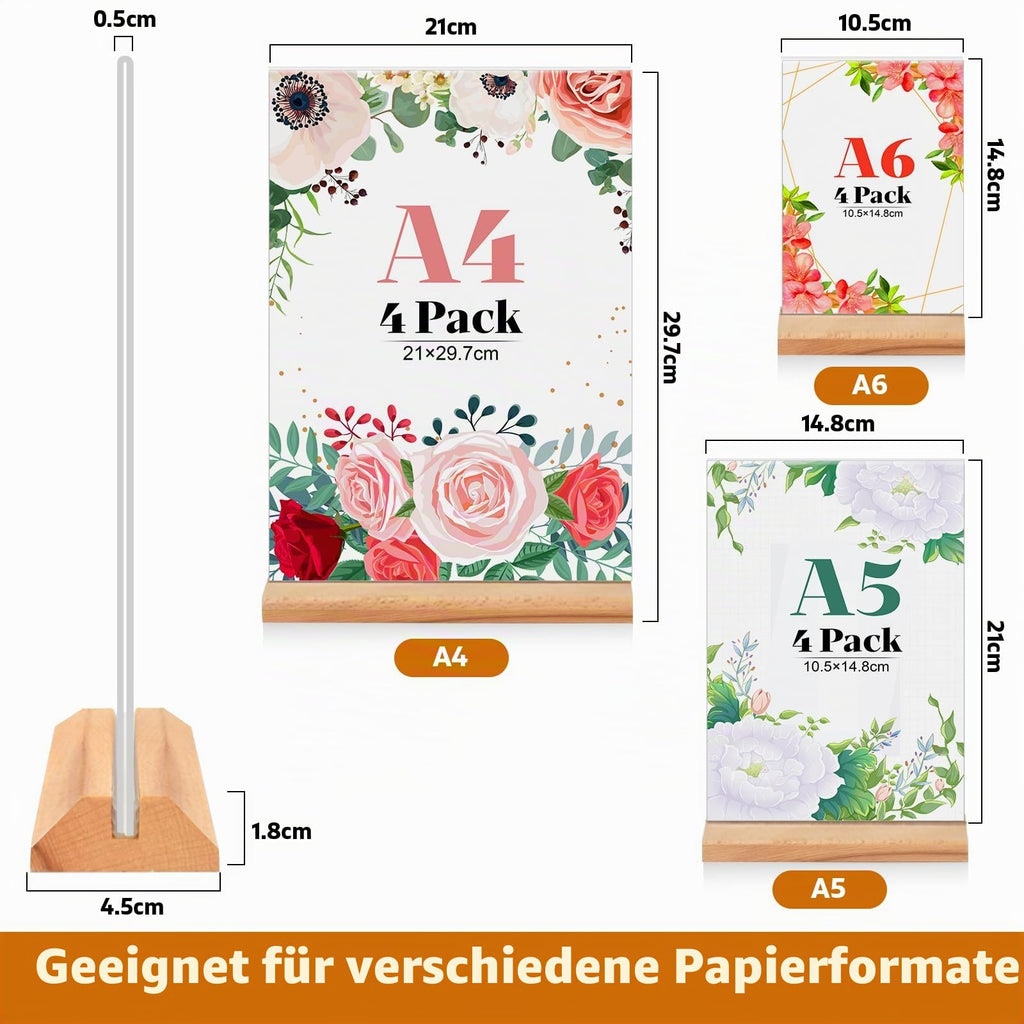 4 Stück Tischaufsteller A4, Holz T Form Acryl Ständer Preisschilder Aufsteller Tischständer für Prospekte Menükarte Werbung Fotorahmen, Kunststoff Foto Bilderrahmen mit Holzfuß für Haus, Büro, Laden