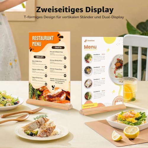 4 Stück Tischaufsteller A4, Holz T Form Acryl Ständer Preisschilder Aufsteller Tischständer für Prospekte Menükarte Werbung Fotorahmen, Kunststoff Foto Bilderrahmen mit Holzfuß für Haus, Büro, Laden