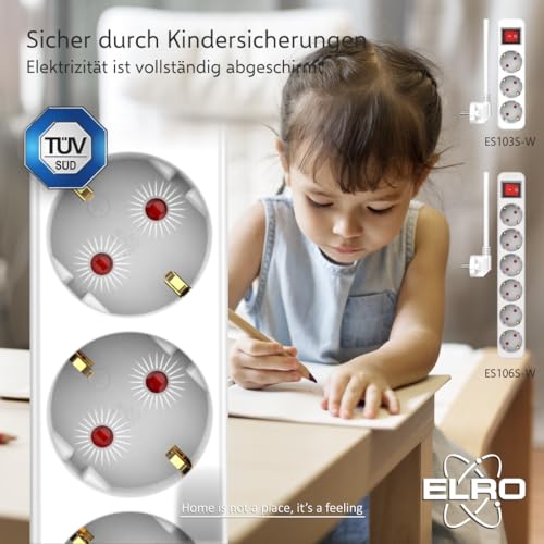 ELRO ES106 6-Fach Steckdosenleiste mit Schalter und 1,5m Kabel – Kindersicherung – Schukostecker – max. 3680 W – TÜV-geprüft - Weiß