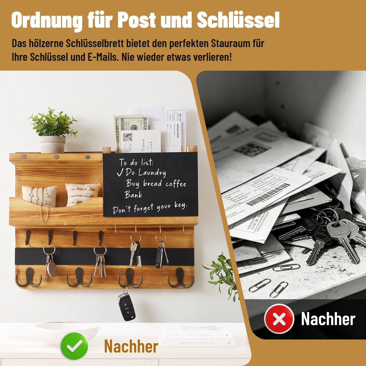 Schlüsselbrett mit Ablage, Schlüsselbrett Holz mit 16 Haken Nutzt