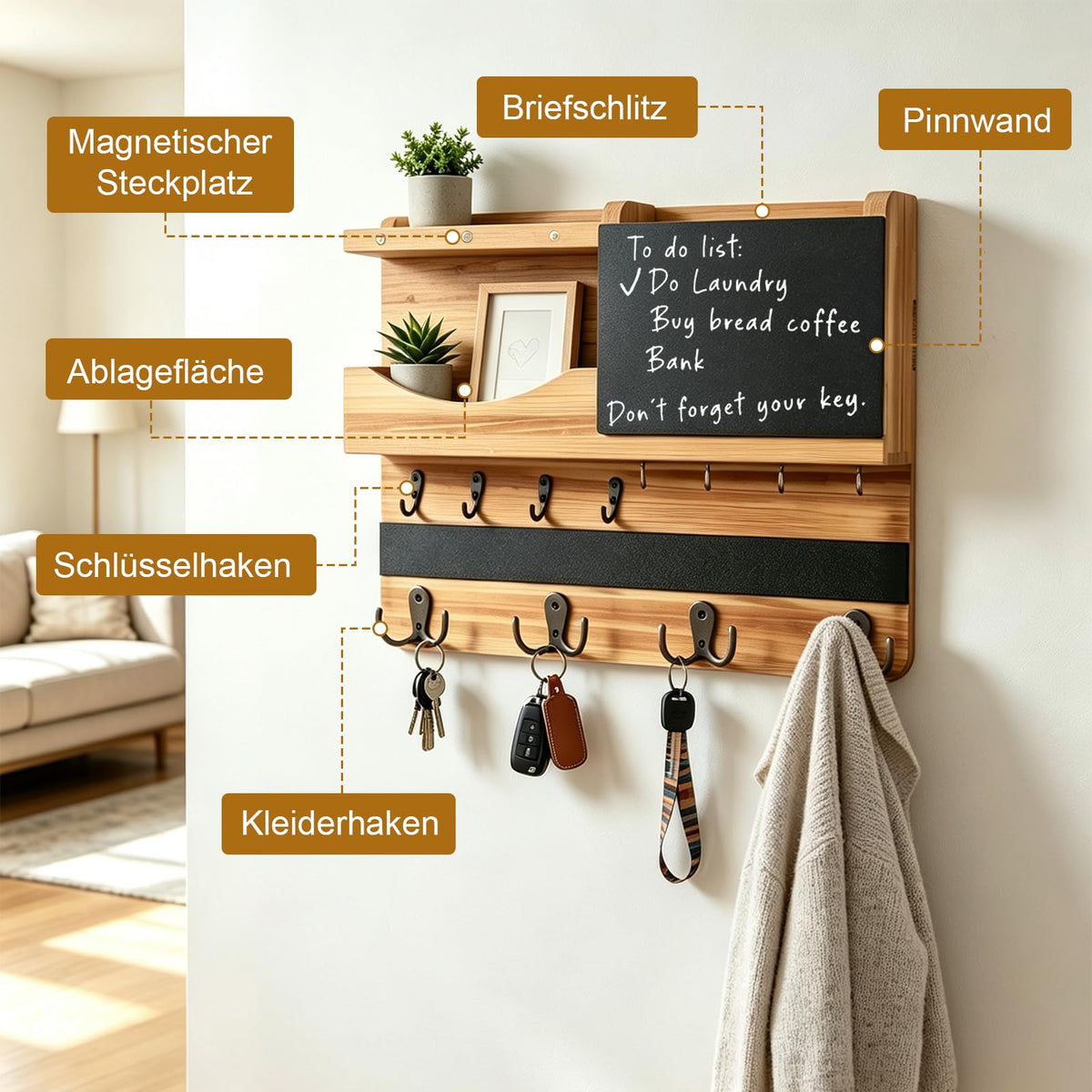 Schlüsselbrett mit Ablage, Schlüsselbrett Holz mit 16 Haken Nutzt