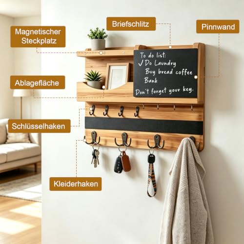 Schlüsselbrett mit Ablage, Schlüsselbrett Holz mit 16 Haken Nutzt