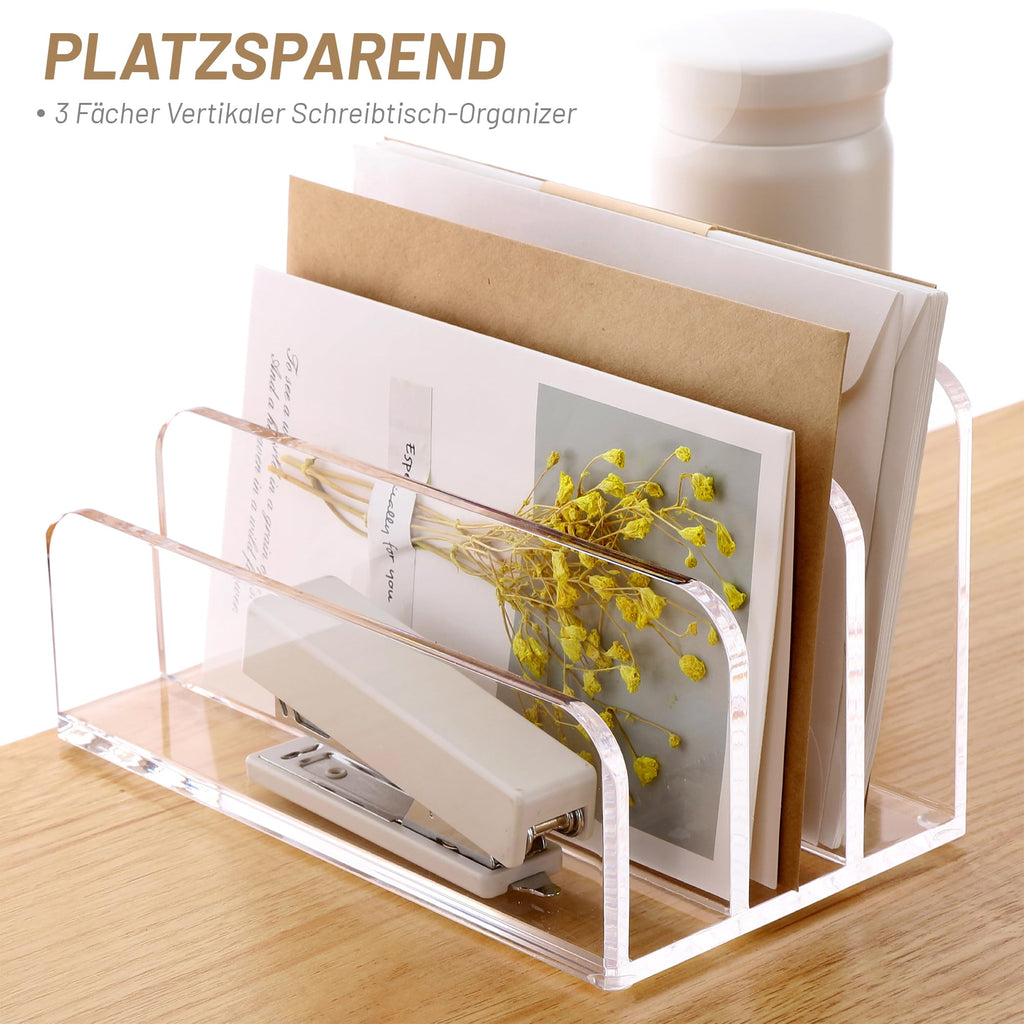SANRUI Briefhalter Ablagefächer aus Acryl, Premium Schreibtisch Briefablage mit 3 Fächern, Dokumentenhalter & Ablagesystem für Brief, Mail, Post, Letter, Notizen (17,5 x 10,1 x 10,1 cm)