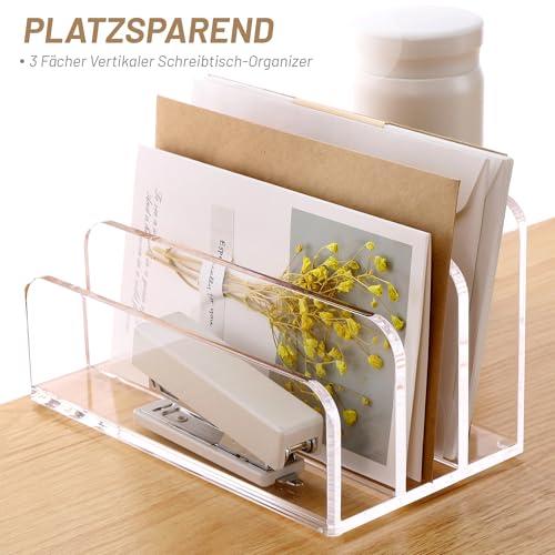 SANRUI Briefhalter Ablagefächer aus Acryl, Premium Schreibtisch Briefablage mit 3 Fächern, Dokumentenhalter & Ablagesystem für Brief, Mail, Post, Letter, Notizen (17,5 x 10,1 x 10,1 cm)